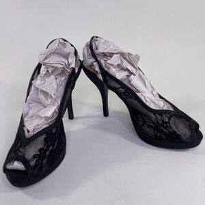 Fioni Night Black Lace Slingback Open Toe Stiletto Heels Size 10